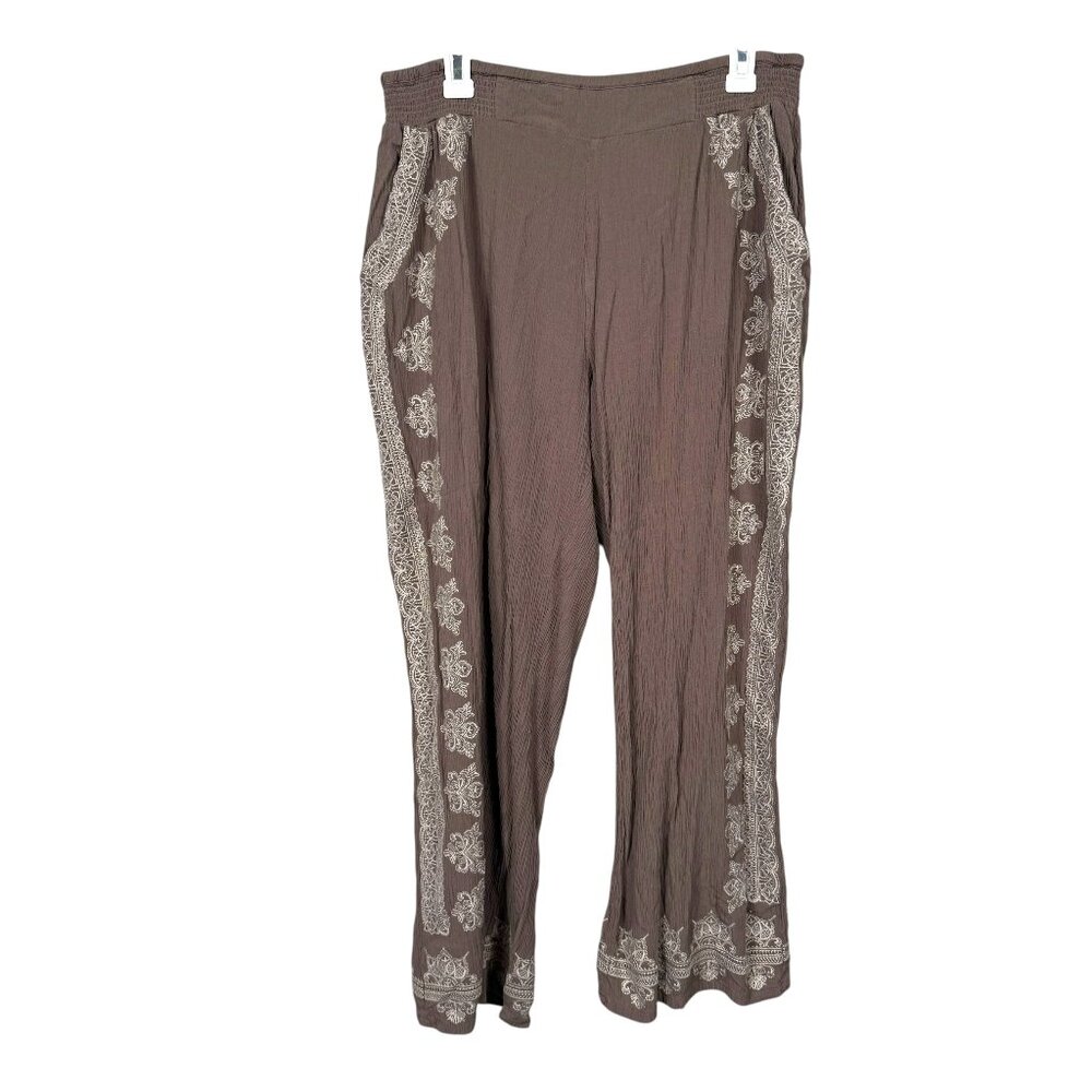 John Mark Pants Womens Large Taupe Brown Embroidered Crop Boho Rayon Pockets